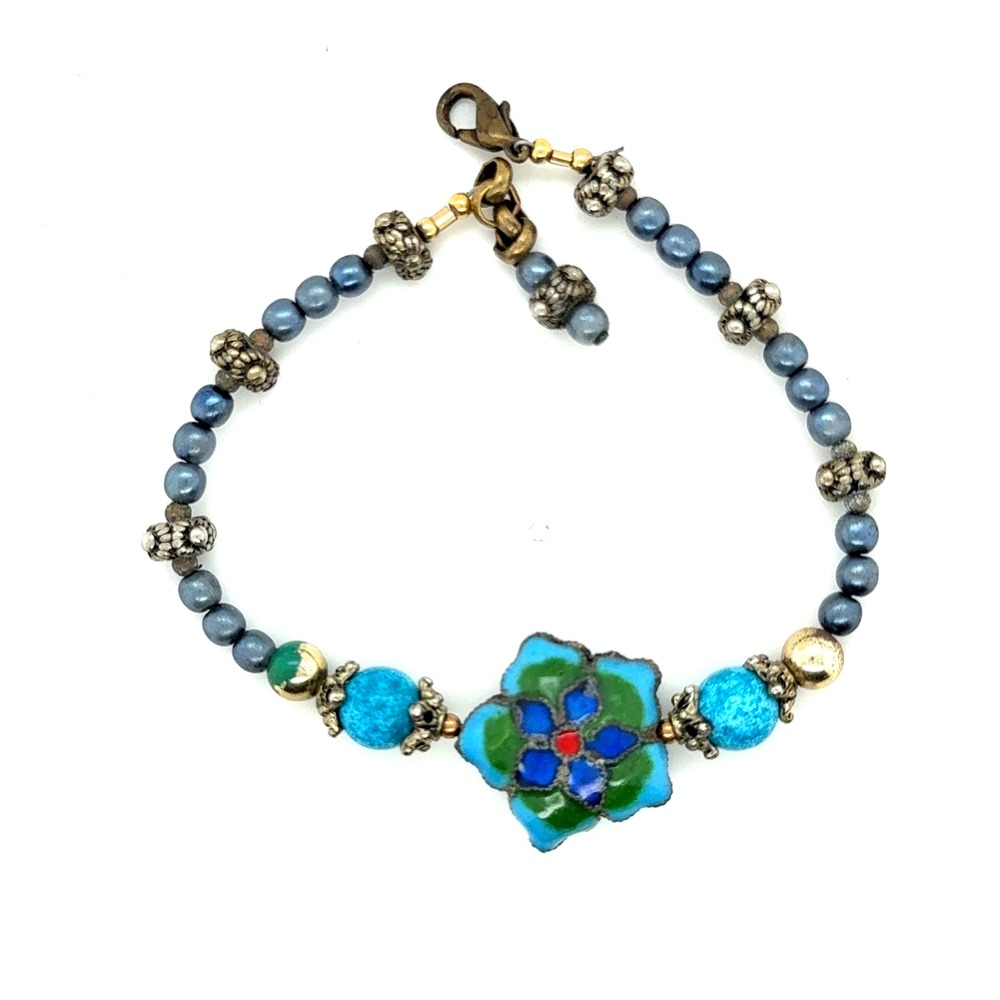 Vintage Cloisonne Enamel Flower Beaded Bracelet Turquoise Blue Green 8 Inch